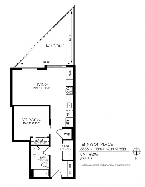 A black and white image of a floor plan for a property at 3885 N. Tennyson Street, Unit #206, 575 S.F.